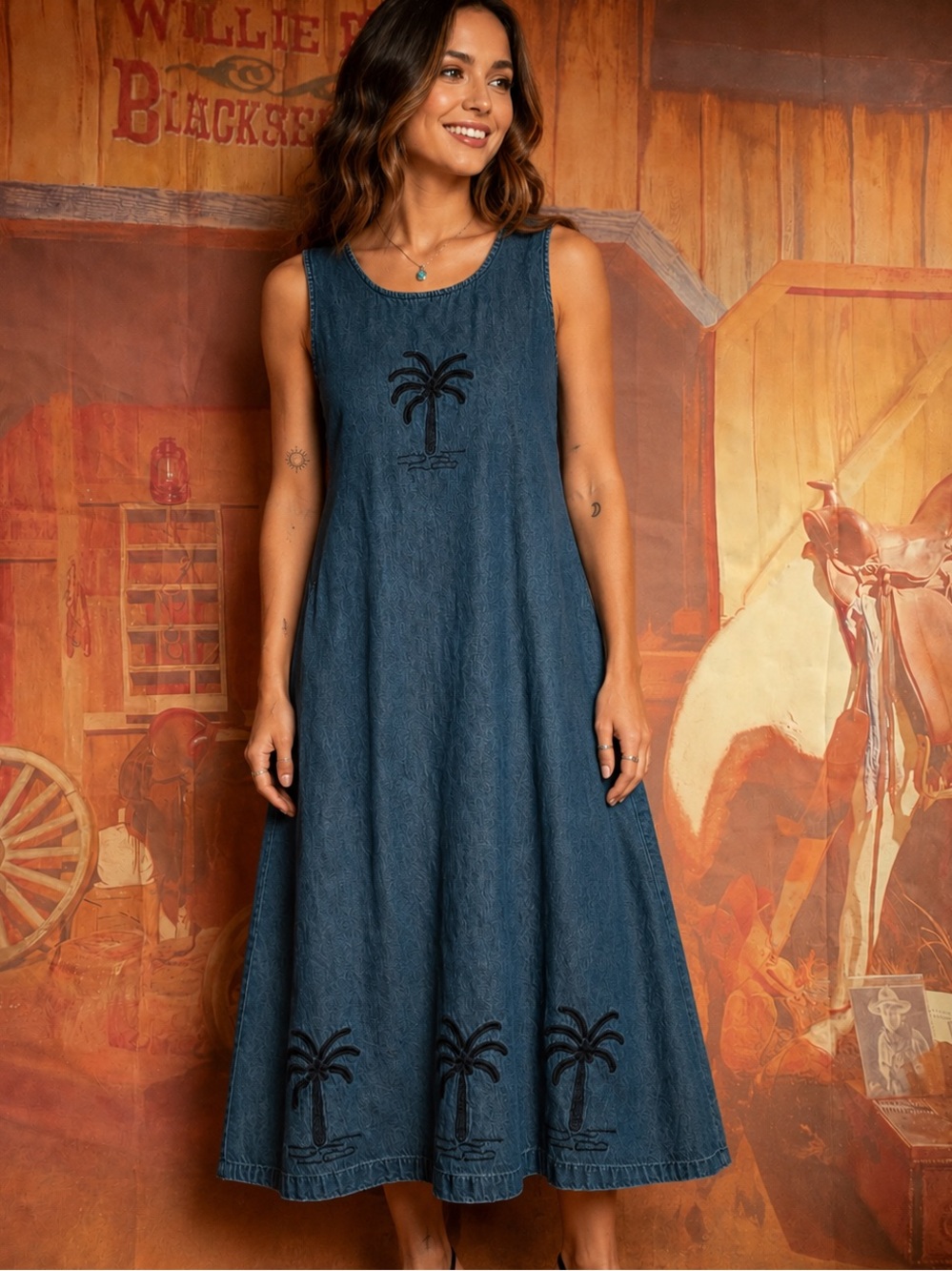 Vintage Denim Palm Tree Embroidered Maxi Dress | Boho Coastal - Picture 1 of 9